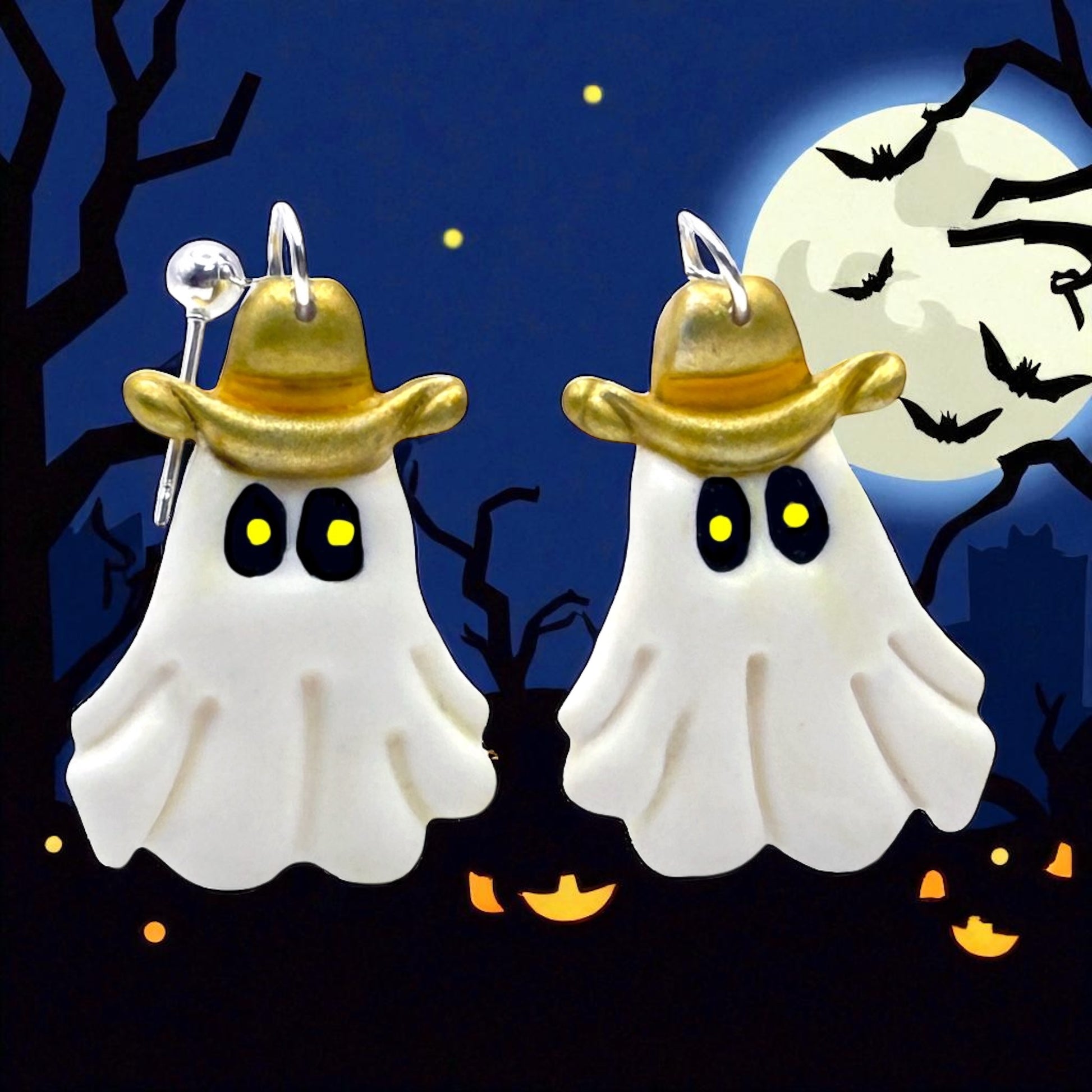 These Pretty Things Halloween Ghost With Cowboy Hat Earrings