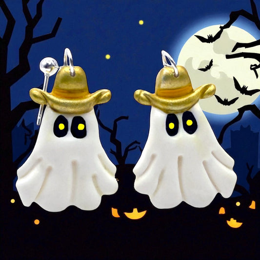 These Pretty Things Halloween Ghost With Cowboy Hat Earrings