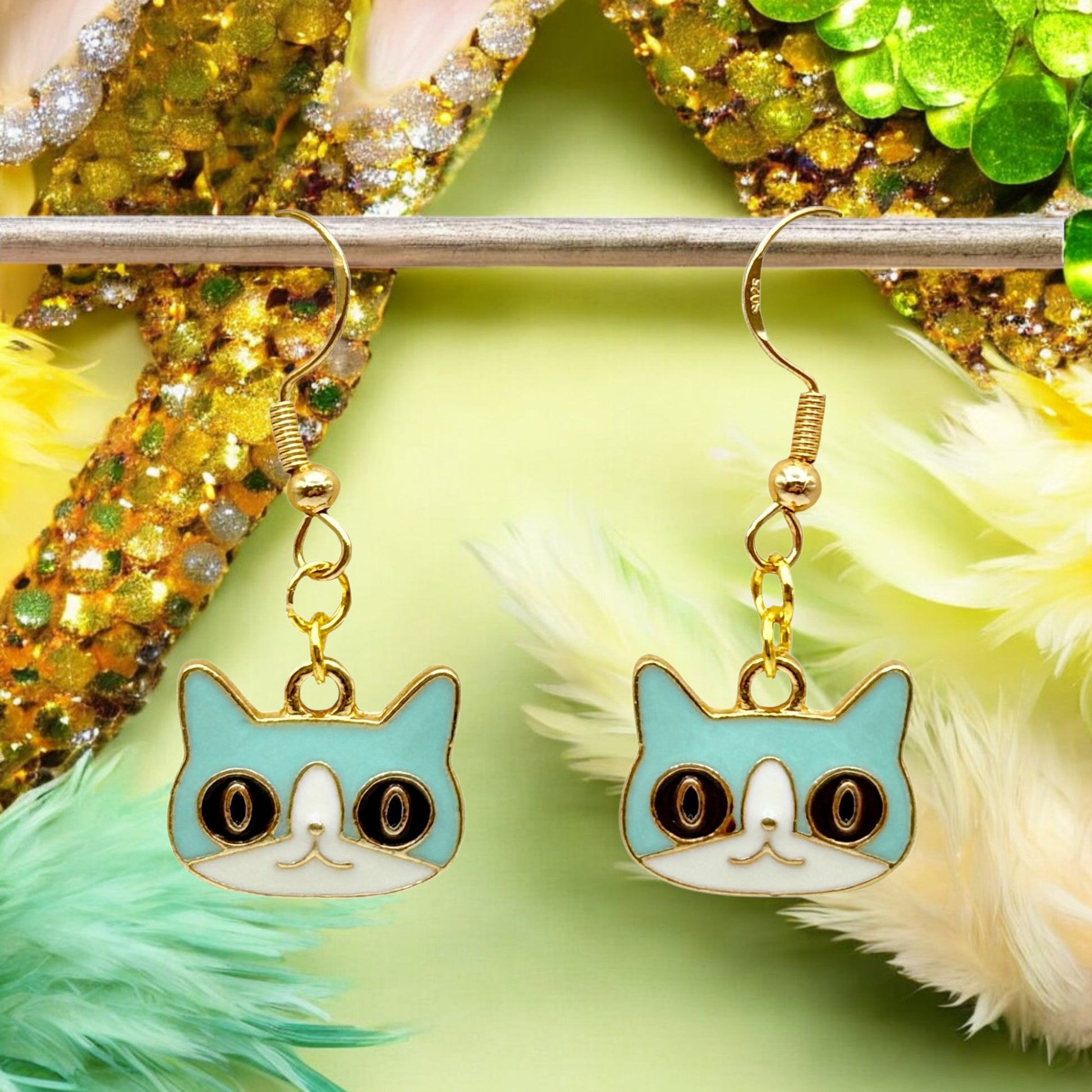 These Pretty Things Charmed Collection Medium Blue Face Cat Hook Earrings
