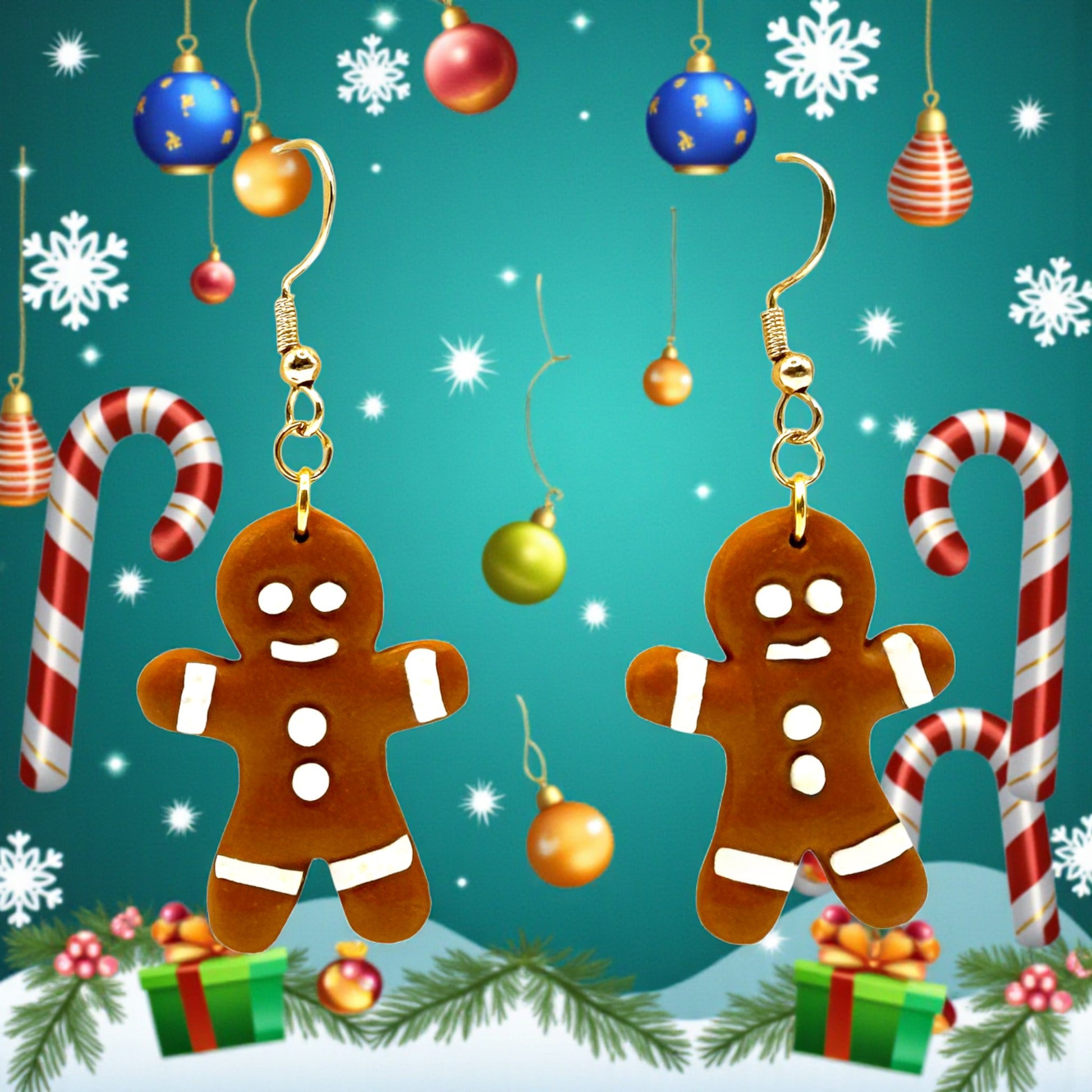 Gingerbread men earrings with Christmas decorations on a festive background