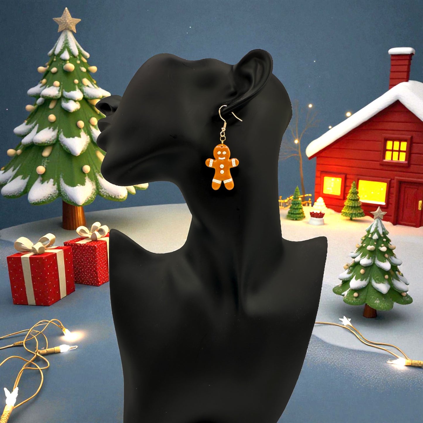Gingerbread man earring on a black mannequin with a Christmas-themed background