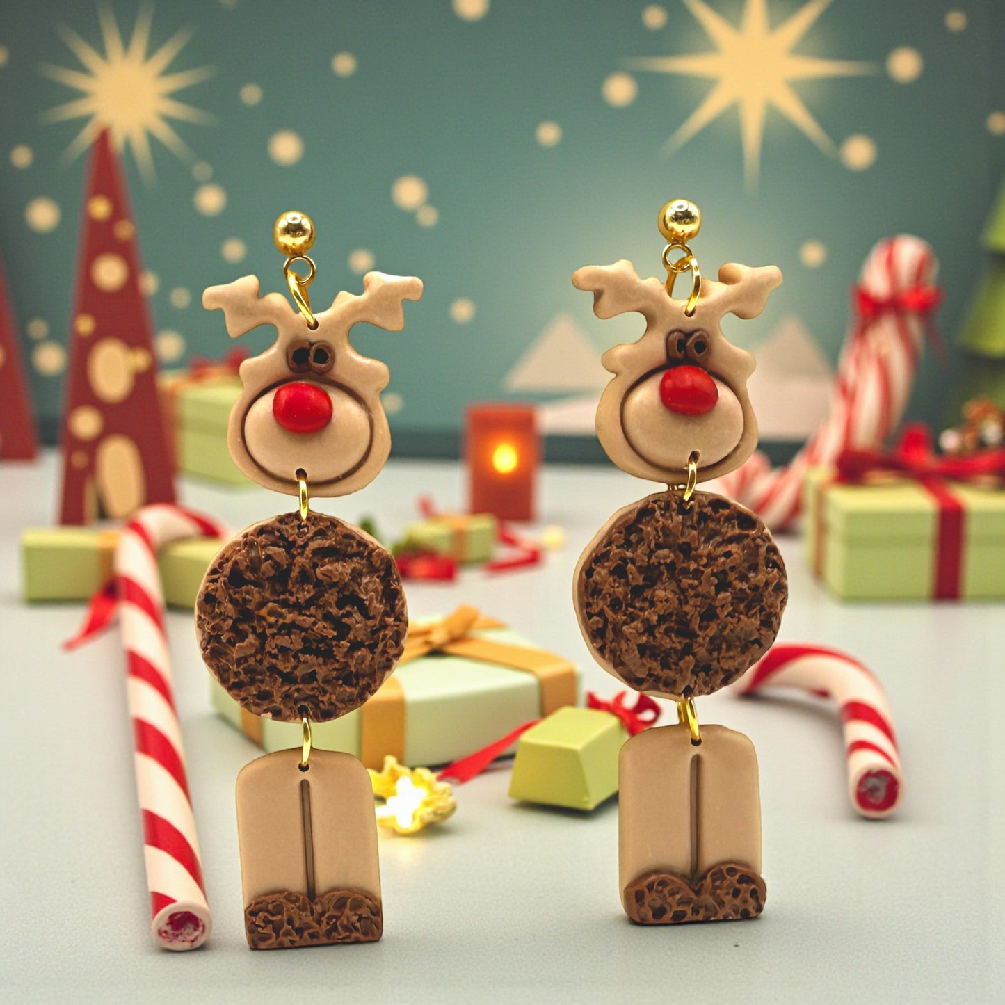 Christmas Reindeer earrings with a Christmas-themed background