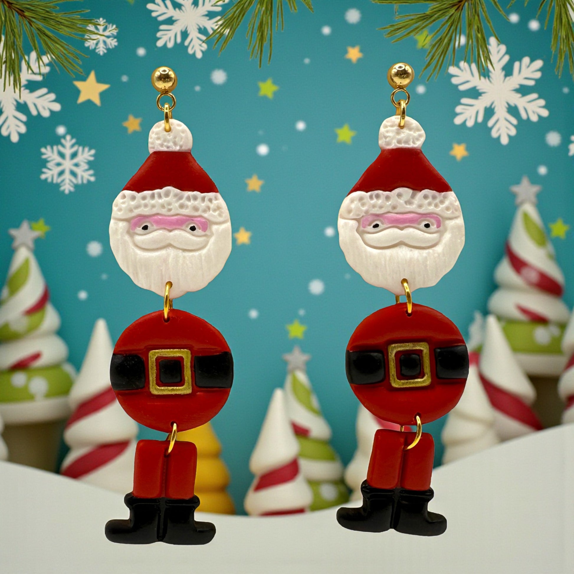 Santa Claus earrings with a festive background featuring Christmas trees and snowflakes.