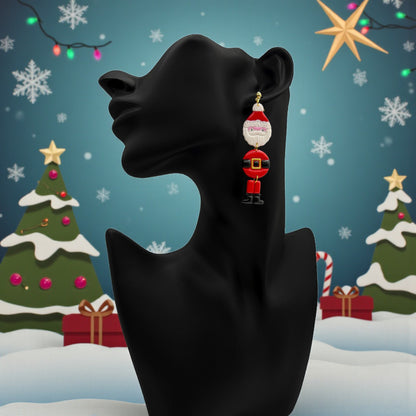 Christmas Santa Claus earring on a black stand with a festive background