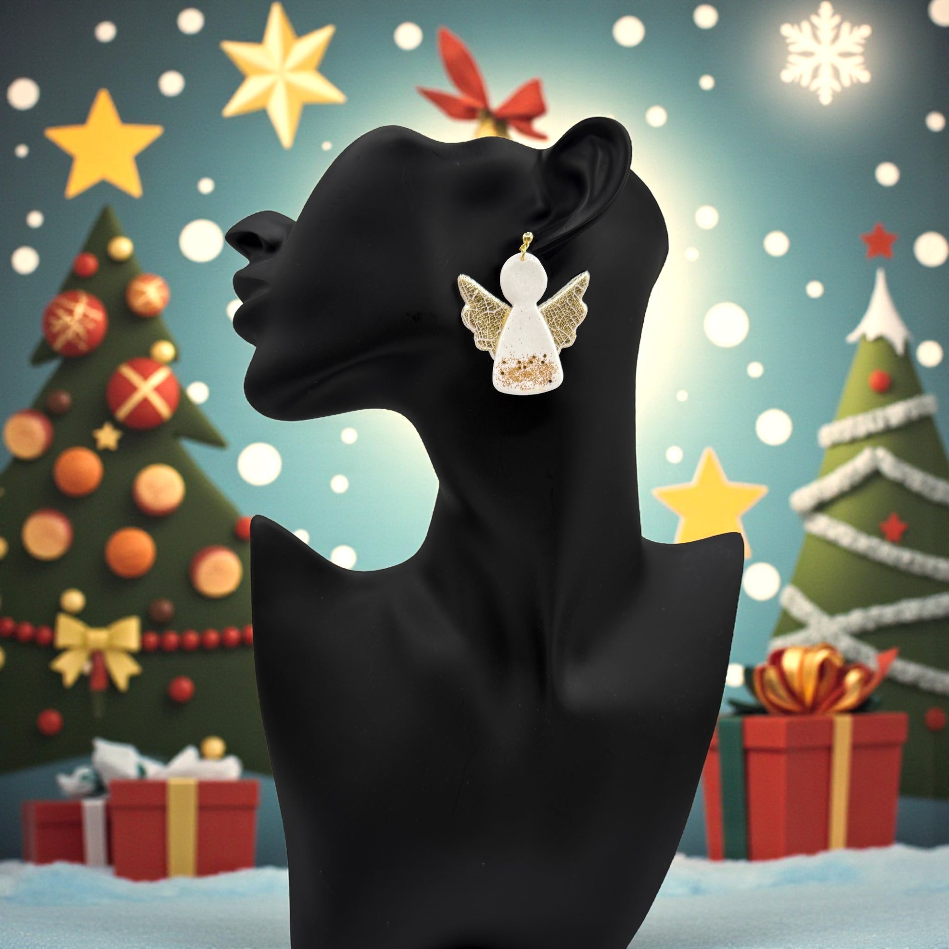 Chrismas Angel earrings on a black mannequin with a festive Christmas background