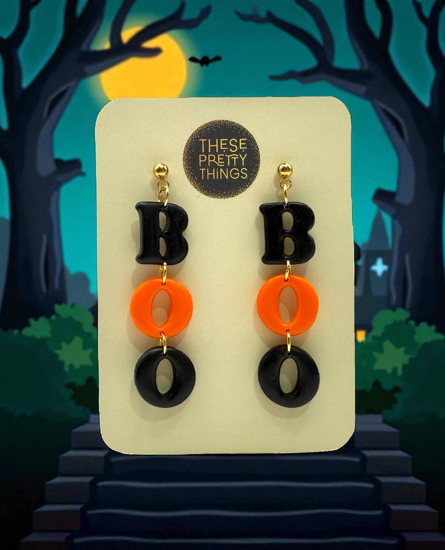 These Pretty Things Halloween Boo Black and Orange Earrings