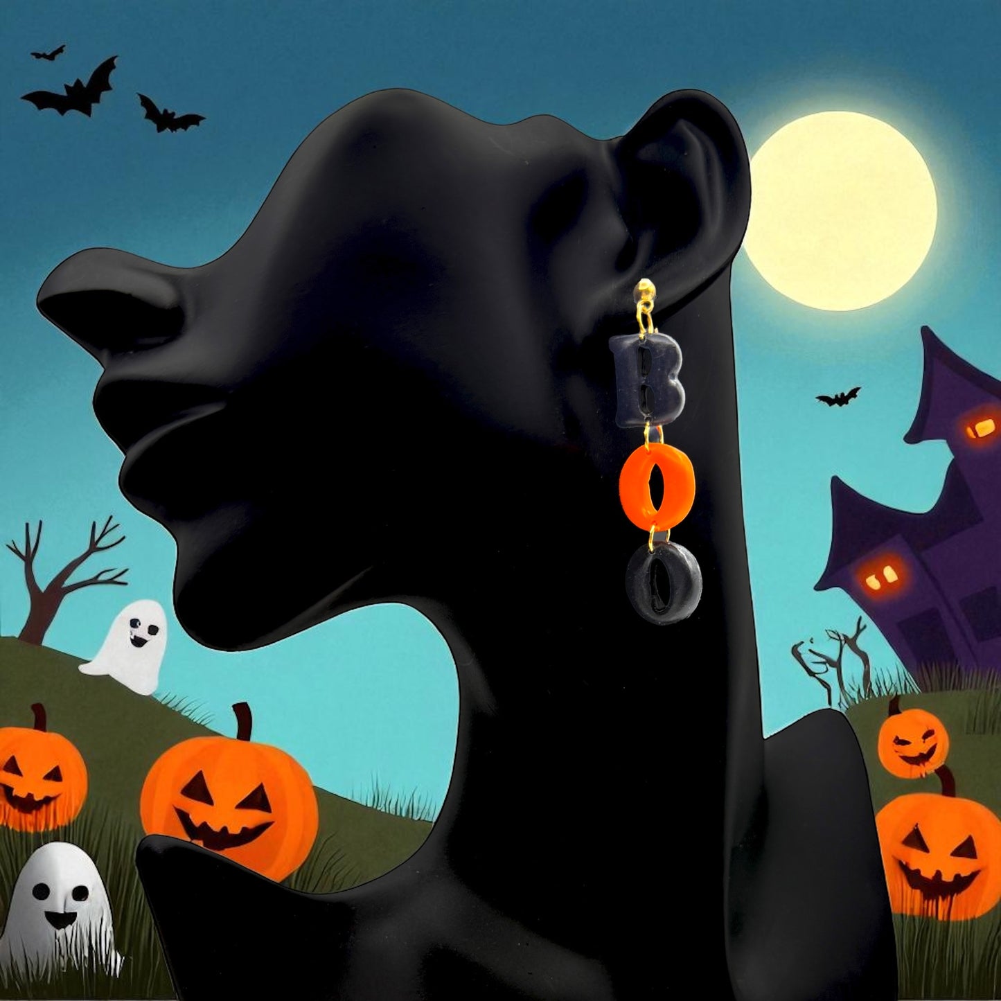 These Pretty Things Halloween Boo Black and Orange Earrings