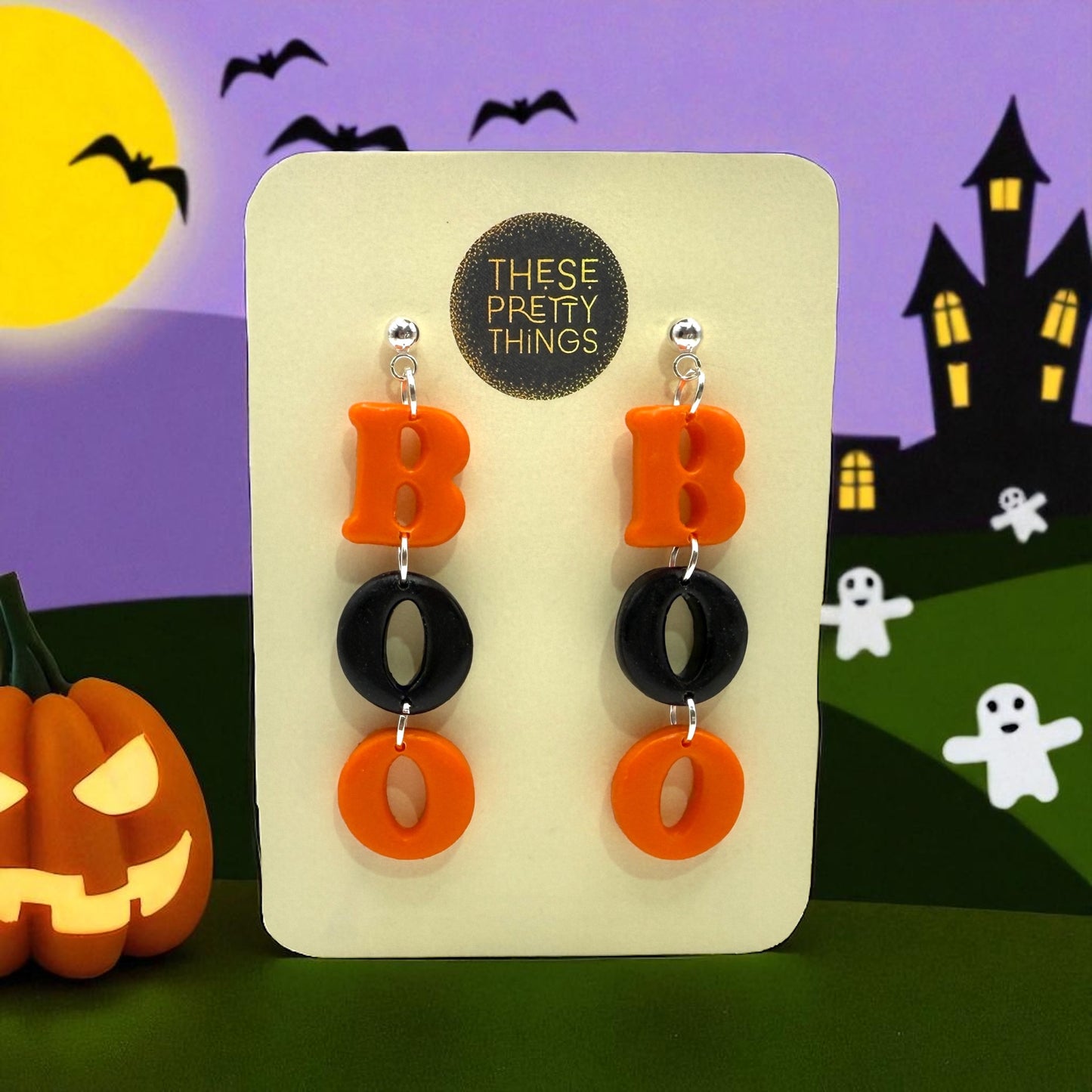 These Pretty Things Halloween Boo Orange & Black Earrings