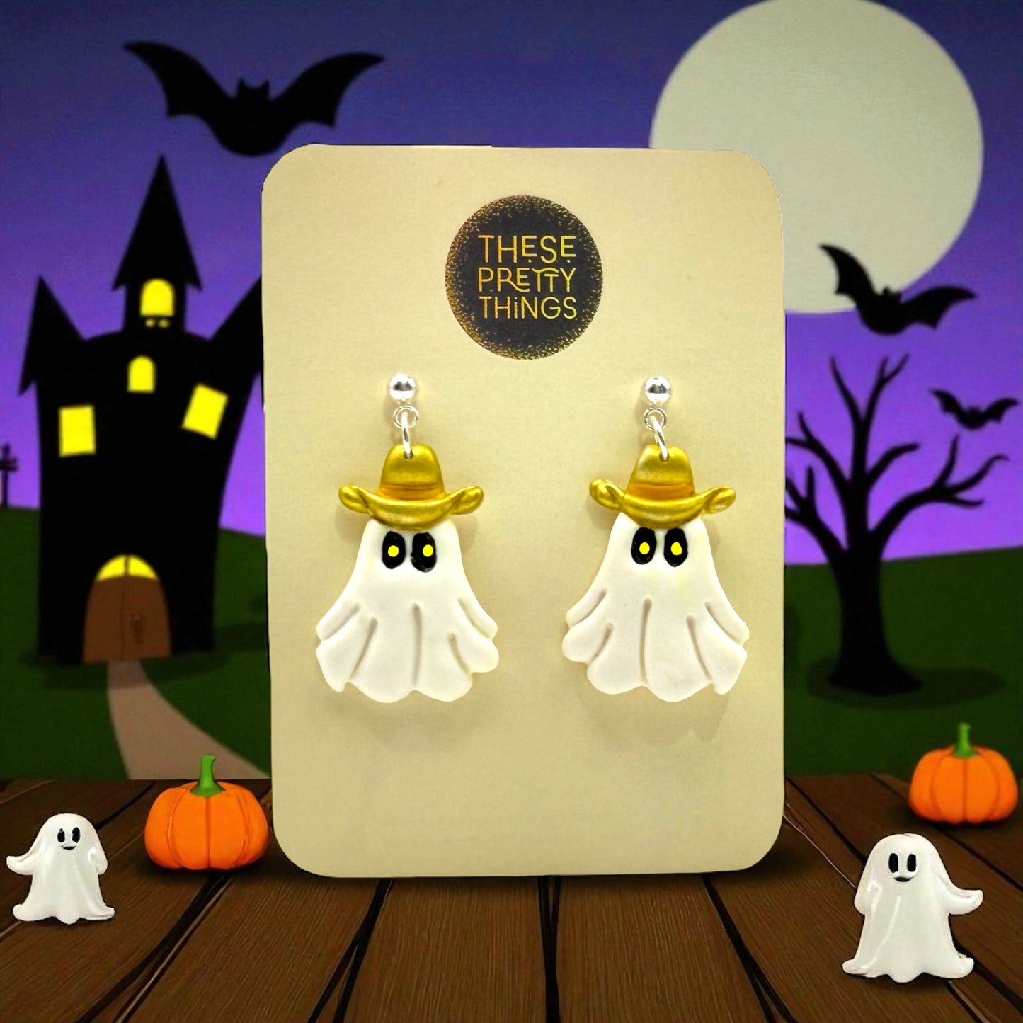 These Pretty Things Halloween Ghost With Cowboy Hat Earrings